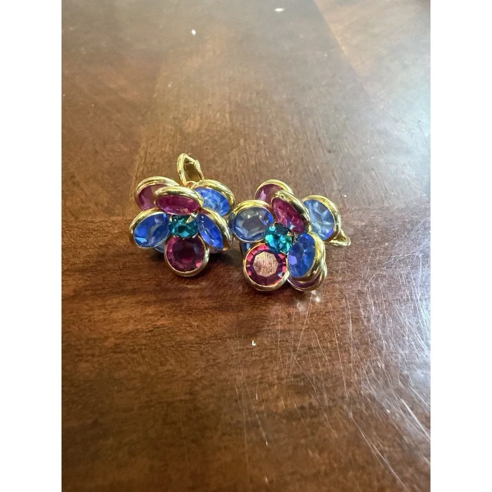 Vtg Multicolor Flower Clip On Earrings Gold Tone Faceted Glass Mod Statement‎